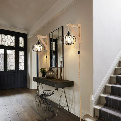 Industrial Pendant Light With Crystal Elements And Plug In Cord, 16.4Ft Hemp Rope Hanging Lamp In Black Cage in hallway