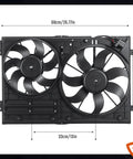 Beefed Up Dual Radiator And Condenser Cooling Fan Assembly Replacement For Volkswagen Jetta 2.0L Bora 2006 2010 Tiguan And Audi A3 2003 2010 TT 1K0121205AD9B9 Fits 2006 2016 Models. Black dual fan assembly with size measurements.