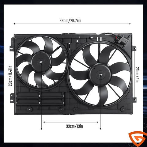 Beefed Up Dual Radiator And Condenser Cooling Fan Assembly Replacement For Volkswagen Jetta 2.0L Bora 2006 2010 Tiguan And Audi A3 2003 2010 TT 1K0121205AD9B9 Fits 2006 2016 Models. Black dual fan assembly with size measurements.