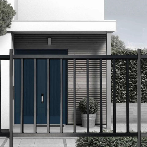 Top Notch Black Metal Deck Railing Kit With Weather Resistant Coating No Fuss Install For Porch Railing And Balcony straight run posts at entrance.