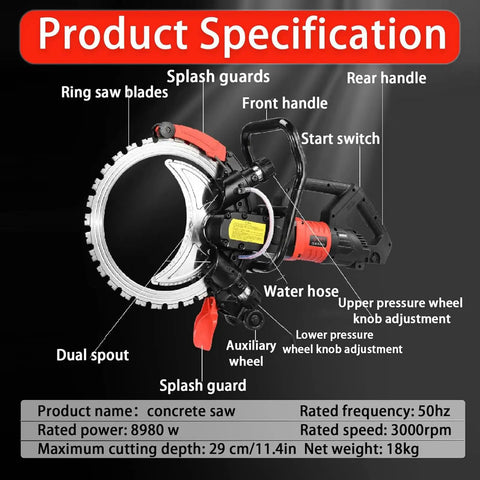 Badass Concrete Ring Saw With 16 Inch Diamond Blade And 12000W Electric Powerhouse For No Sweat Wall Grooving Water Fed Dust Suppression Two Extra Blades For Granite Stone Cutters
