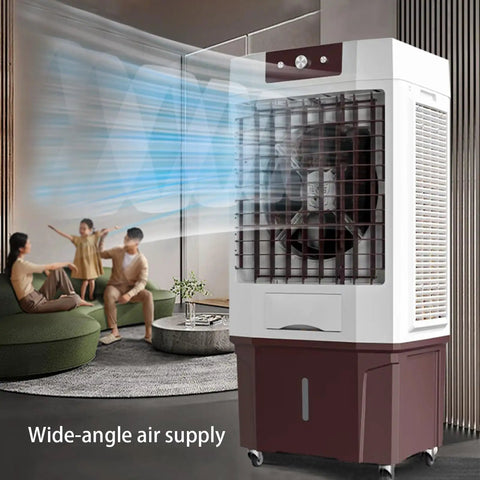 Portable Evaporative Air Cooler With Massive Water Tank And Two Frozen Ice Packs For Quick Room Chill and smooth oscillation in family living area.