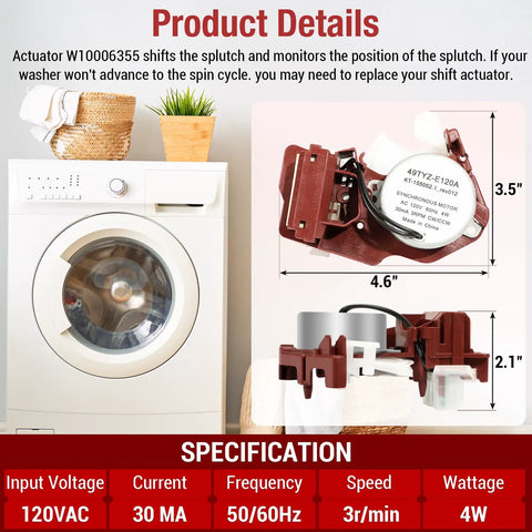 Washer Shift Actuator Replacement WPW10006355 Replaces AP4514409 AP6014711 PS11747977 WPW10006355VP next to washing machine.
