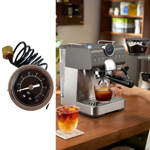 16 Bar Espresso Pressure Gauge For Home Baristas And Small Cafes Pro Grade Metal Espresso Pressure Meter Tool For Precision Coffee Brewing Boss Level Durable Gauge For Espresso Machines And Maker Components. Metal 16 bar gauge with coiled hose on espresso machine