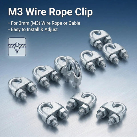 20 Pcs One Eighth Inch Wire Rope Clamp Clips Heavy Duty Workhorse M3 Galvanized Cable Clamps displayed on metal surface