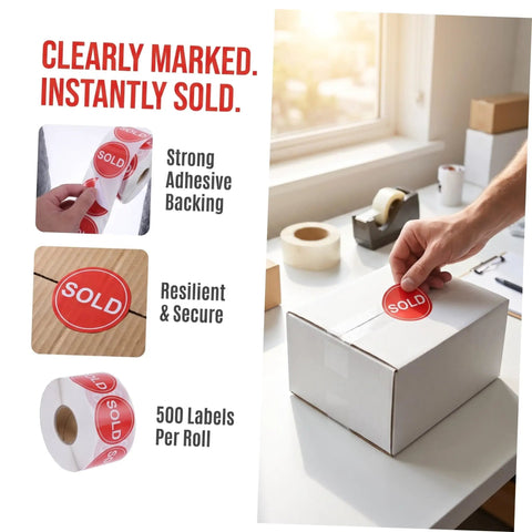Red Sold Stickers Round Labels Self Adhesive High Visibility For Yard Sale And Warehouse Tags 500 Pack For Easy Pricing On Any Surface With A Pro Look. 2-inch paper label on box