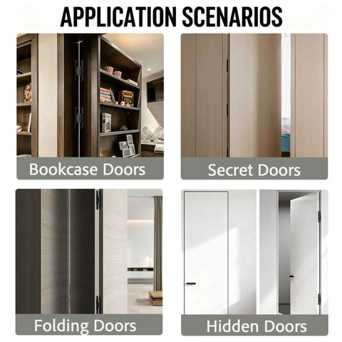 Six Inch 3D Adjustable Concealed Door Hinges Two Pack Boss Grade Heavy Duty Invisible Cabinet Hardware in bookcase and secret door setups.