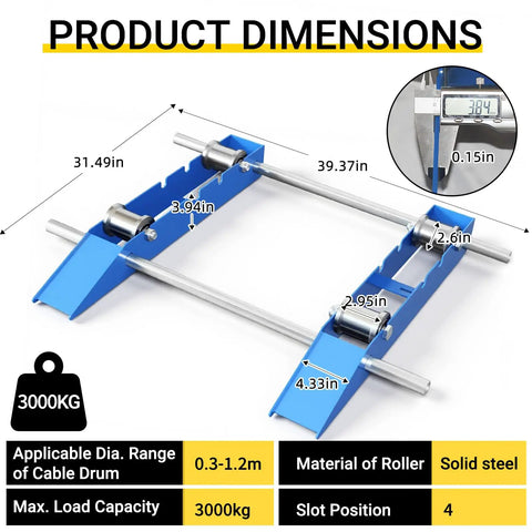 Workhorse Heavy Duty Cable Drum Roller And Wire Unwinder Dispenser For Drum Reels Up To 39.4 Inches Wide dimensions chart