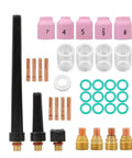 Pro Grade 37 Piece TIG Welding Gas Lens Kit for WP 9 20 25 Torches with glass cups, alumina nozzles, collets, and electrodes.