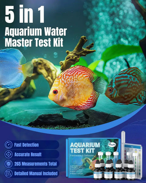 Image of Pro Grade 5 In 1 Aquarium Water Master Test Kit for pH nitrite nitrate ammonia and phosphate with fish tank background.