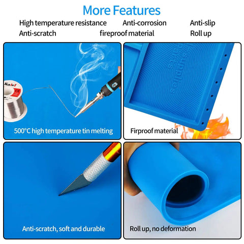 Large 21.6 By 16.9 Inch Electronics Repair Mat with high temperature resistance, anti-scratch surface, rolled and unrolled views.