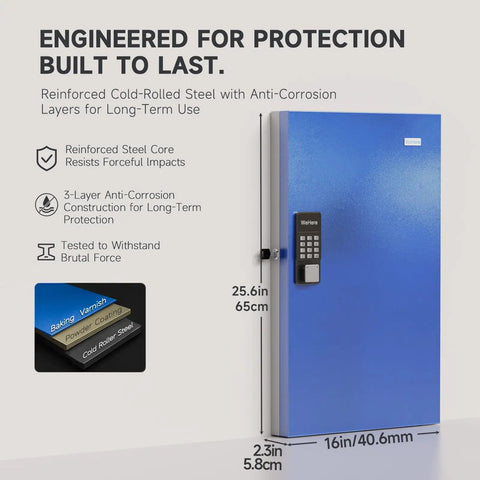 96 Key Smart Lock Box Wall Mount Key Cabinet For Office And Rental Use With Key Management App Tracking Borrow And Return Multi Admin Access Bluetooth And WiFi Unlock Capability For Commercial Schools And Properties in blue with reinforced steel structure and digital lock, dimensions 25.6in x 16in.