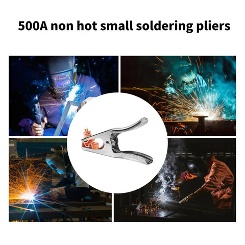 Heavy Duty 500 Amp Power Welding Ground Clamp With Copper Plated Jaw And Braided Shunt Wire shown in a welding environment.
