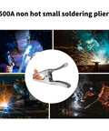 Heavy Duty 500A Electroplated Ground Clamp With Braided Copper Shunt And Silver Plated Jaw, shown with welding action.