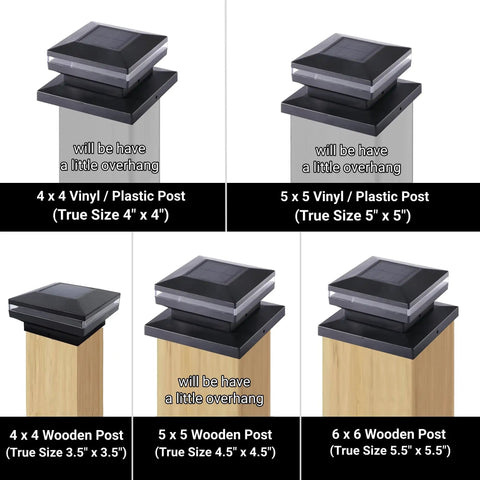 Image showing Two Pack Solar Post Cap Lights, Outdoor Decorative Black Shell Caps Fit 4x4 5x5 6x6 Wood Or Vinyl Posts on various posts.