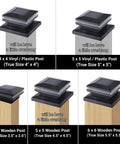 Six Pack Solar Post Cap Lights For Outdoors Black Shell LED Caps That Fit 4x4 5x5 6x6 Vinyl or Wood Posts displayed on sample posts