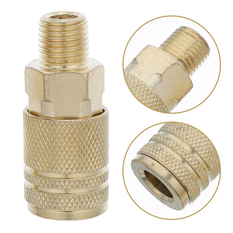 Heavy Duty Quarter Inch NPT Quick Connect Coupler Set For Air Compressors 12 Piece Industrial Pneumatic Fittings Kit With Cast Steel Self Sealing Joints Smooth Gas Flow Male End Pro Grade Spray, brass coupler close-up