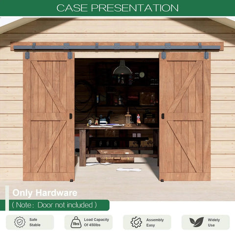 Heavy Duty 8 Ft Exterior Sliding Barn Door Hardware Kit Black Box Rail Track System For Double Doors, Wall Mounted