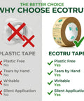 Comparison chart of EcoTru ultra strong kraft paper packing tape vs plastic tape for boxes and cartons, highlighting eco-friendly benefits.