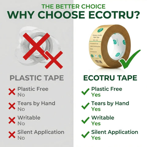 Comparison chart of EcoTru ultra strong kraft paper packing tape vs plastic tape for boxes and cartons, highlighting eco-friendly benefits.