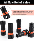 Black airflow relief valve components from Seven Piece Dust Collection Hose Adapter Kit for woodworking tools and shop vacuums.