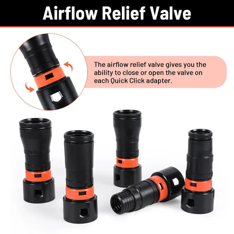 Black airflow relief valve components from Seven Piece Dust Collection Hose Adapter Kit for woodworking tools and shop vacuums.