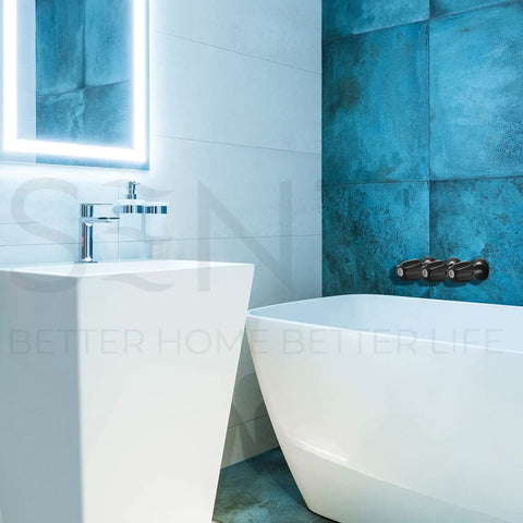 Bathroom with Three Handle Matte Black Tub And Shower Trim Kit For Pfister Faucets against a blue tiled wall.