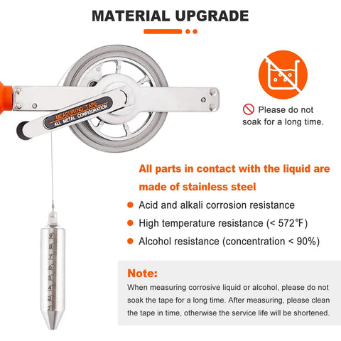 Heavy Duty Stainless Steel Oil Tank Gauging Tape 33Ft Rugged Explosion Proof Anti Static Sounding Tape With Plumb Bob Corrosion Resistant Fuel Tank Gauge For Acid Alkali Alcohol Benzene And High Temperature Liquids with stainless steel measuring tape and plumb bob, highlighting corrosion and high temperature resistance.