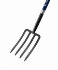 Close-up of 4-Tine Spading Digging Fork With D-Grip Handle, Rugged Garden Tool for Breaking Up Soil, Forged Steel Construction, 41 Inch Length.