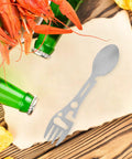 Two Piece Outdoor Spork And Fork Set Made Of Stainless Steel Reusable Flatware With Built In Bottle Opener beside seafood and drinks