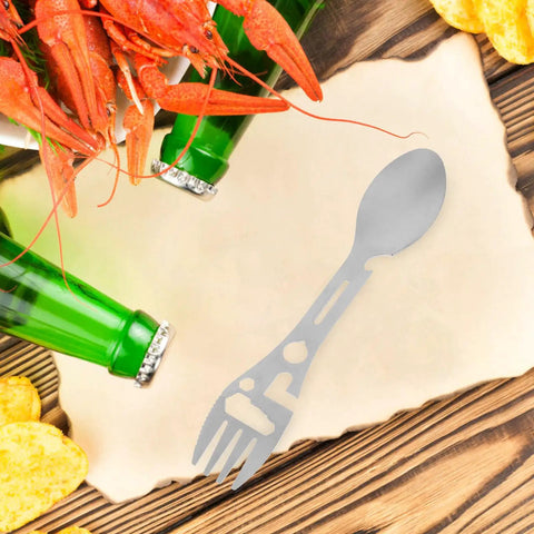 Two Piece Outdoor Spork And Fork Set Made Of Stainless Steel Reusable Flatware With Built In Bottle Opener beside seafood and drinks