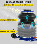 Beefy Triple Bag Air Jack 3 Ton Lift For Cars, Fast 3 To 5 Second Lift Up To Fifteen Inches, 6600 Lb Capacity shown at max height.