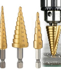 Premium Titanium Coated Hss Step Drill Bits Slick Metal Copper Pvc Hole Cutter shown with drill and shavings.