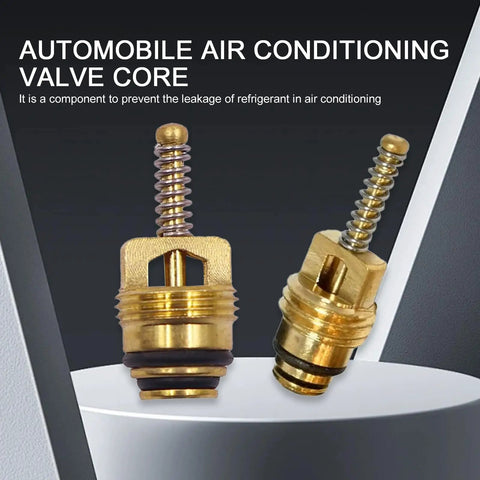 Close-up of two brass valve cores on a white surface, part of 7 Piece Car AC Valve Core Kit With Caps And Seals For DIY No Fuss Friendly AC System Repair