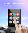 Close-up of 64GB Kid Friendly MP3 Player No WiFi, 2.4 Inch Portable, touch screen with finger selecting FM radio icon.