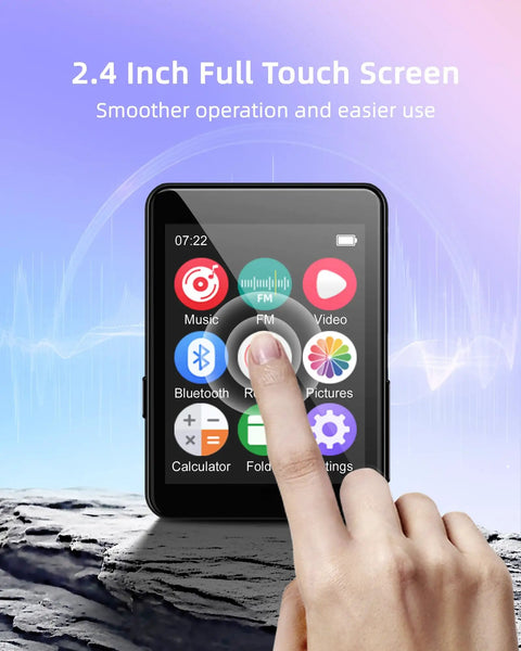 Close-up of 64GB Kid Friendly MP3 Player No WiFi, 2.4 Inch Portable, touch screen with finger selecting FM radio icon.