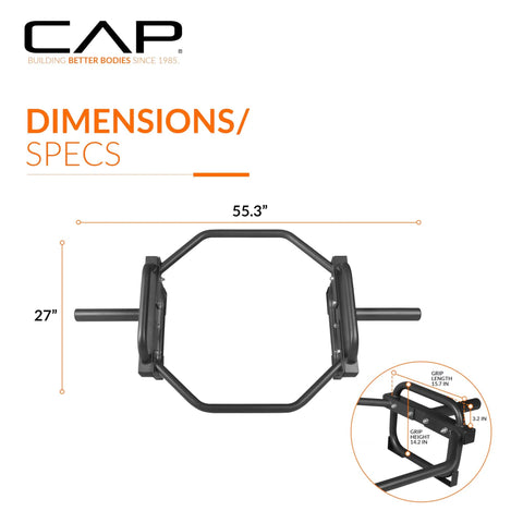 Top view of Olympic Trap Bar For Home Gym, 500 Lb Capacity, Alloy Steel, Black Finish, showing dimensions 55.3 x 27 inches.