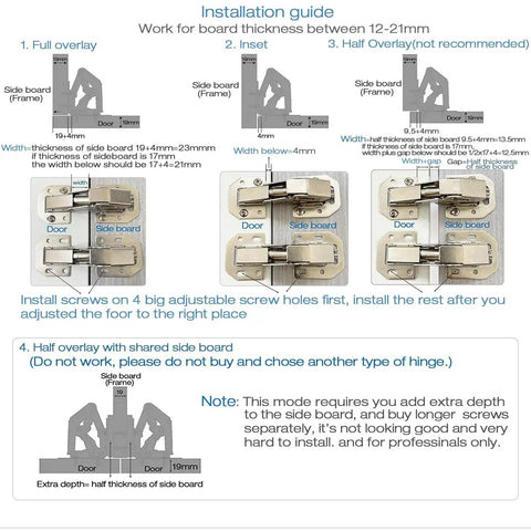 Installation guide for 8 Pack Easy Install Cabinet Hinges With Full Overlay And Inset Design Soft Close For Doors, Drawers, And Cupboards
