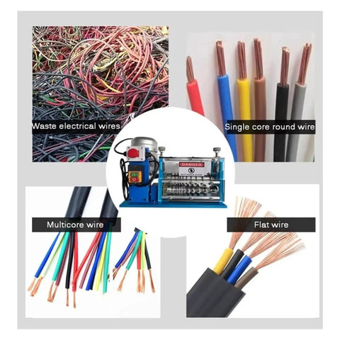 Rock Solid Portable Electric Wire Stripper Machine Effortless Cable Stripping Tool With Heavy Duty Aluminum Frame Smooth Operation For Copper Recycling And Home Workshop Jobs 1 5 To 38 Mm alongside assorted waste wires and cables.
