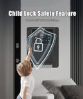 Wall Mounted Instant Hot Water Dispenser With 2200W Heating Power For Quick Boiling Water No Waiting Dual Temperature Hot And Cold 20L Per Hour Capacity Child Lock Sleek Black Design For Home Or Office Use with child lock safety feature graphic on wall.