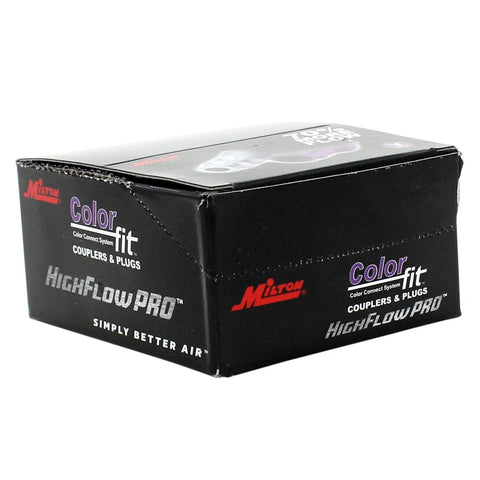 Front view of a Milton Colorfit HighFlowPro V-style purple 1/4 in NPT male plugs box of 20