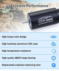 Beefed Up 2600KV Brushless Motor And 60A ESC Combo for RC cars shown in rugged off-road setting with product features listed