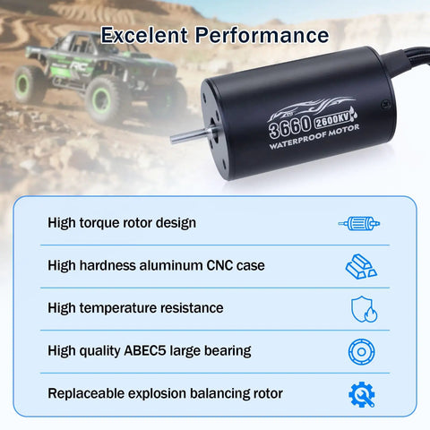 Beefed Up 2600KV Brushless Motor And 60A ESC Combo for RC cars shown in rugged off-road setting with product features listed