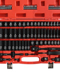 3/8 Inch Drive Impact Socket Set, 90 Piece Metric Socket Kit With 6 Point Sockets 6-22mm And SAE 5/16-15/16 in a red case