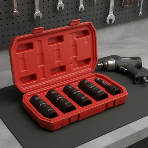 Heavy Duty 5 Piece Tire Socket Wrench Set For Lug Nut Removal With 12 Inch Drive Adapter Double Ended Chrome Molybdenum Steel Kit in red case