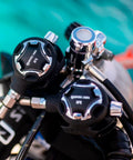 HR Second Stage Cold Water Diver Regulator with Adjustable Breathing Comfort on scuba gear, black technopolymer body