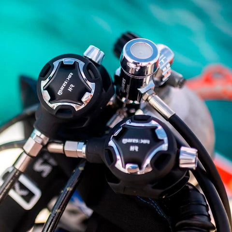 HR Second Stage Cold Water Diver Regulator with Adjustable Breathing Comfort on scuba gear, black technopolymer body