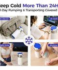 Keep Their Bottle Frosty On The Fly With This 22 Oz Portable Breast Milk Cooler For Work Commutes Featuring Heavy Duty Vacuum Insulation That Holds Cold All Day Long Without Breaking A Sweat Tsa Approved shown in various use scenarios including on-the-go, work, and night time.