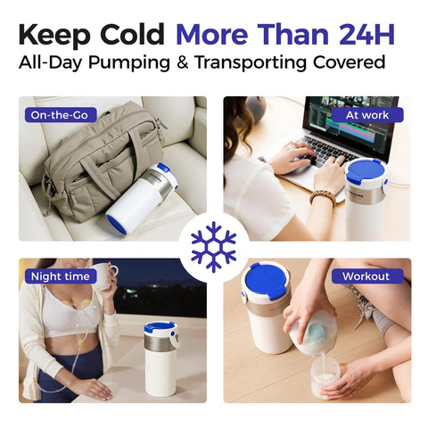 Keep Their Bottle Frosty On The Fly With This 22 Oz Portable Breast Milk Cooler For Work Commutes Featuring Heavy Duty Vacuum Insulation That Holds Cold All Day Long Without Breaking A Sweat Tsa Approved shown in various use scenarios including on-the-go, work, and night time.