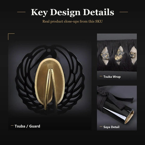 Key design details of Wakizashi Iaito Training Sword For Iaido Practice Unsharpened Stainless Steel Blade With Fuller Groove visible.
